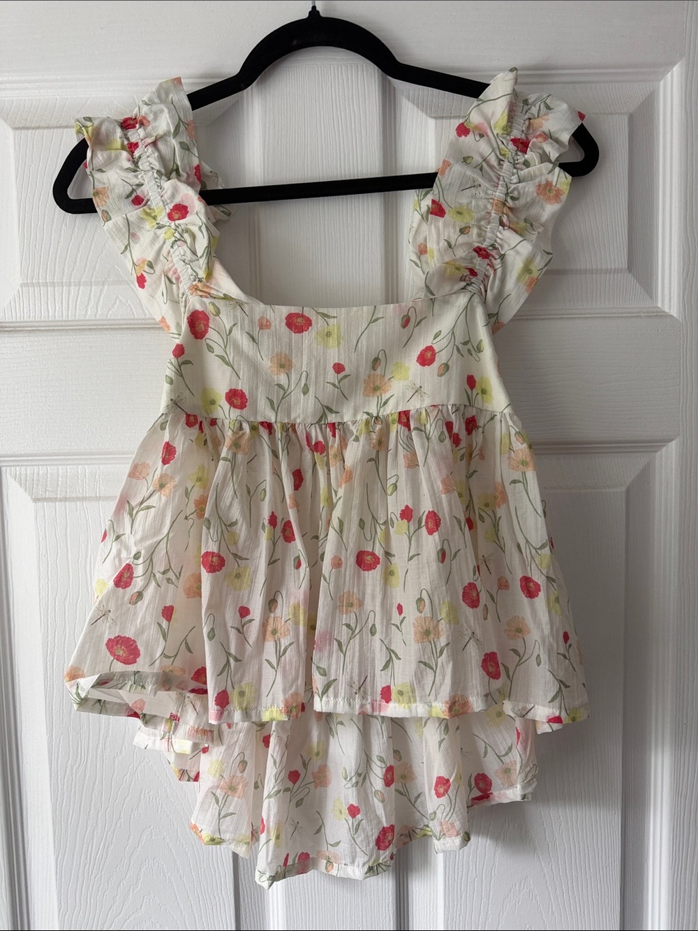 Womens White Floral Ruffle Top